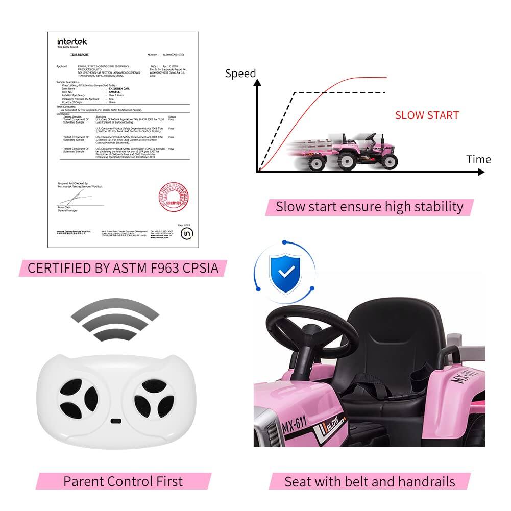 - **Speed SLOW START**
- **Slow start ensure high stability**
- **CERTIFIED BY ASTM F963 CPSIA**
- **Parent Control First**
- **Seat with belt and handrails**