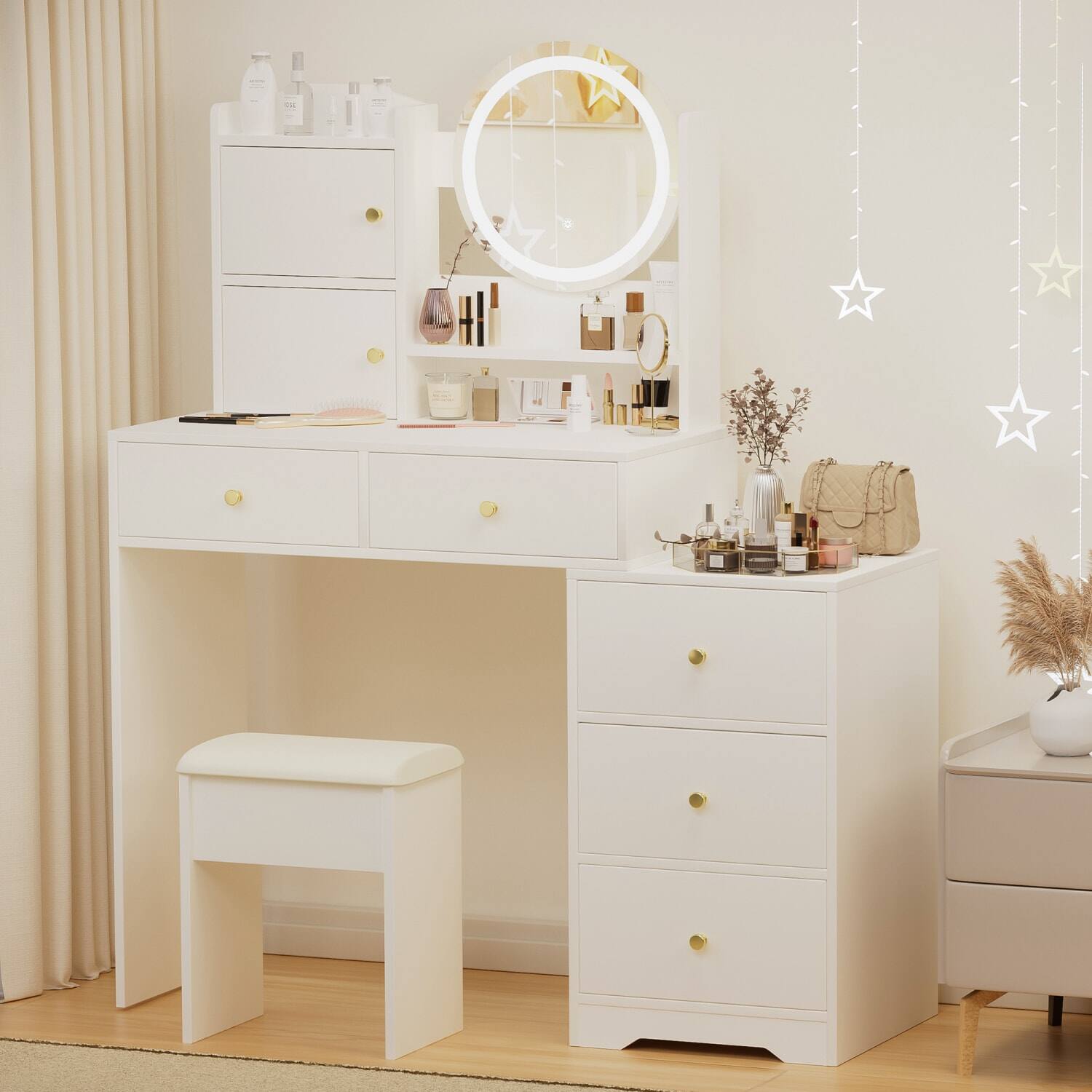 Angle. Lirago - White Dresser Table Desk with Mirror Lights Wood Dressing Table Vanity 15.75”D x 47.24”W x 52.4”H - White.