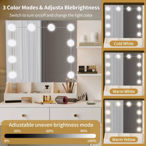 3 Color Modes & Adjustable Brightness  
Switch to turn on/off and change the light color  

Cold White  
Warm White  
Warm Yellow  

Adjustable uneven brightness mode  
0% 30% 60% 90% 100%