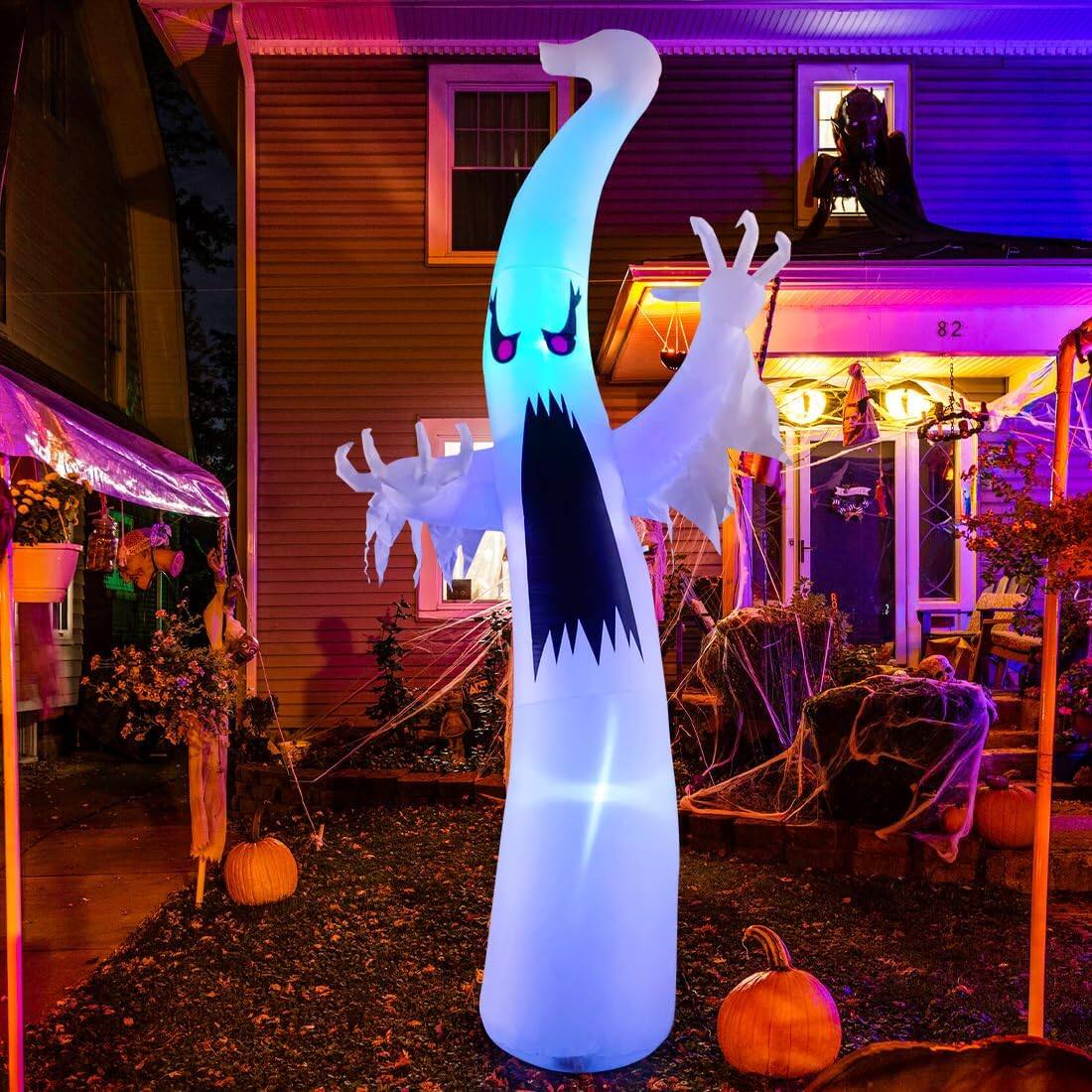 Angle. GOOSH Inflatables - GOOSH 6 FT Halloween Inflatables Ghost Scary Red Eye Dimming Ghost with Built-in Colorful LEDs - White.