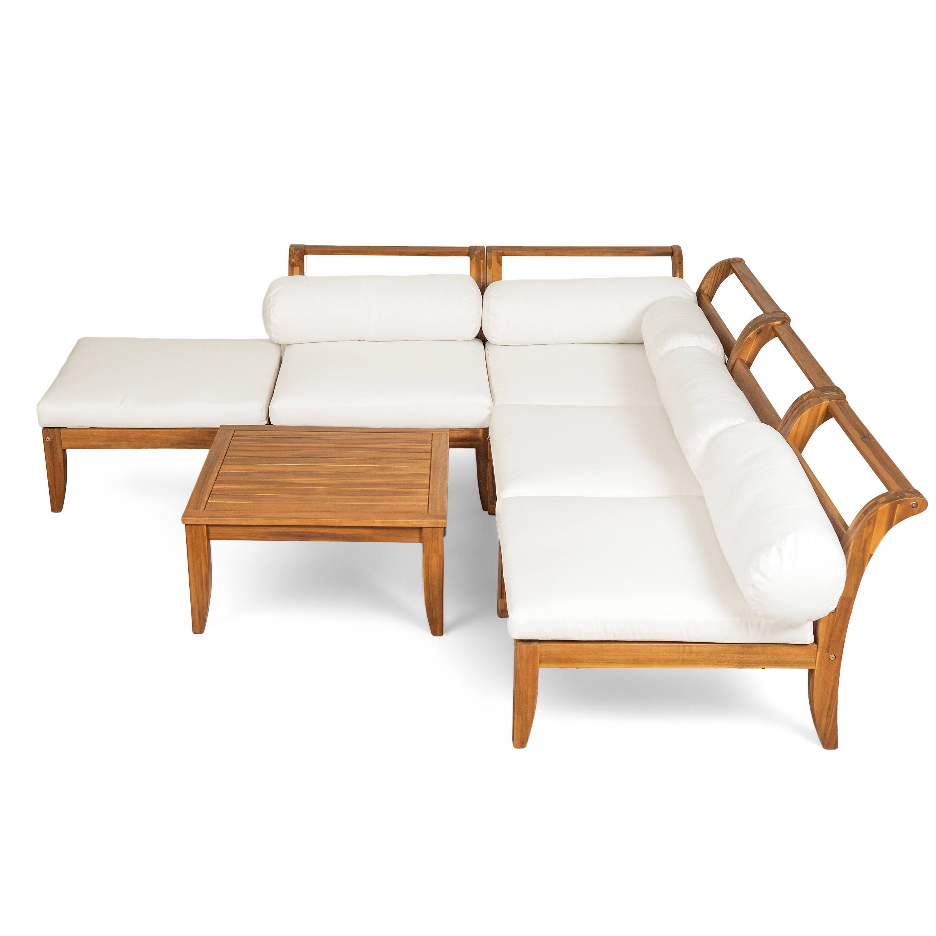 Alt View 7. Siljoy - TOPMAX 6-Piece Acacia Wood Patio Set, L-Shaped Convertible Daybed Sofa with Table, Ottoman & Cushions, Teak+Beige - Teak+ Beige.
