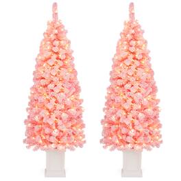 Costway - 2 PCS 5 FT Artificial Xmas Tree with 308 Full Branch Tips, 130 Warm White LED Lights - Pink