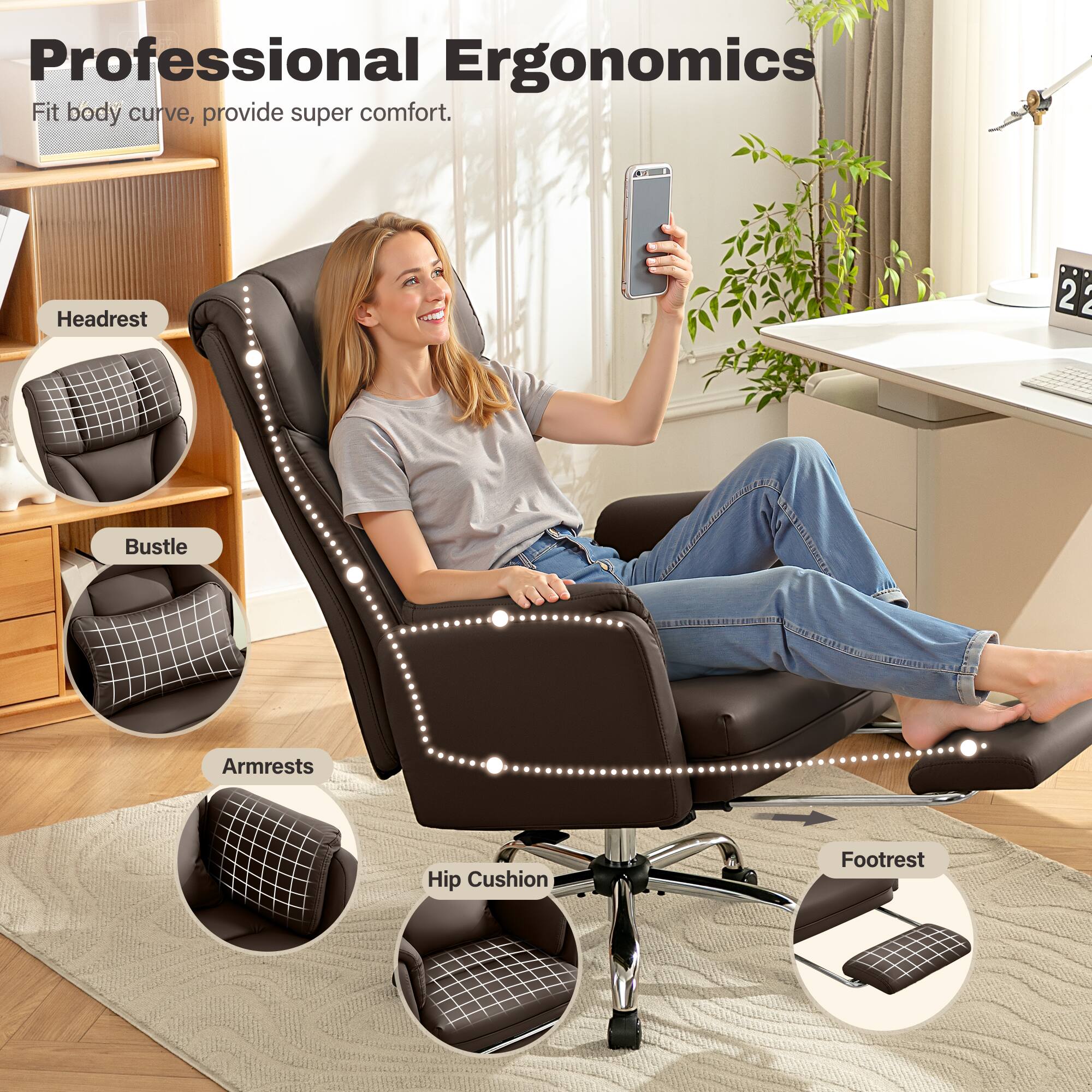 Professional Ergonomics  
Fit body curve, provide super comfort.  

- Headrest  
- Bustle  
- Armrests  
- Hip Cushion  
- Footrest
