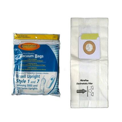 A MUST FOR ALLERGY SUFFERERS!!
840 EnviroCare TECHNOLOGIES Micro Filtration Vacuum Bags
99.7% Filtration of Microscopic Particles and Allergens
99.7% Filtration of Allergenic Microscopic Particles
99.7% Filtración de Partículas Microscópicas y Alergénicas
99.7% Filtración de Partículas Microscópicas de Alergénicos
99.7% Filtración de Partículas Microscópicas de los Desvios
Designed to Fit:
Conçu Pour:
Diseñado a Medida:
Bissell Upright Style 1 and 7
Samsung 5000 and 1000 Series Uprights
BAGS
SACS
BOLSAS
MicroFine Electrostatic Filter