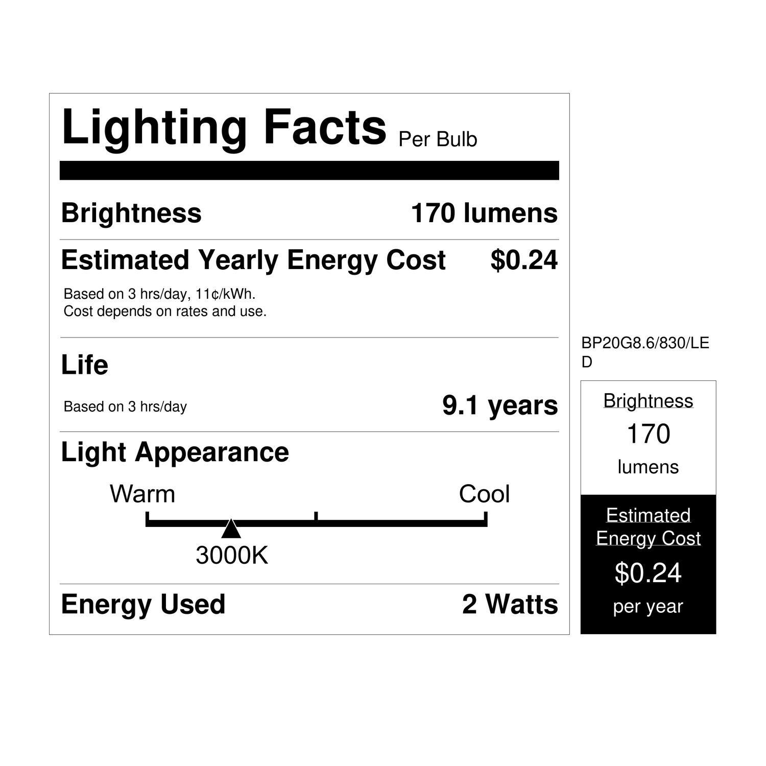 Lighting Facts  
Per Bulb

Brightness  
170 lumens

Estimated Yearly Energy Cost  
$0.24  
Based on 3 hrs/day, 11c/kWh.  
Cost depends on rates and use.

Life  
9.1 years  
Based on 3 hrs/day

Light Appearance  
Warm 3000K

Energy Used  
2 Watts

Brightness  
170 lumens

Estimated Energy Cost  
$0.24 per year