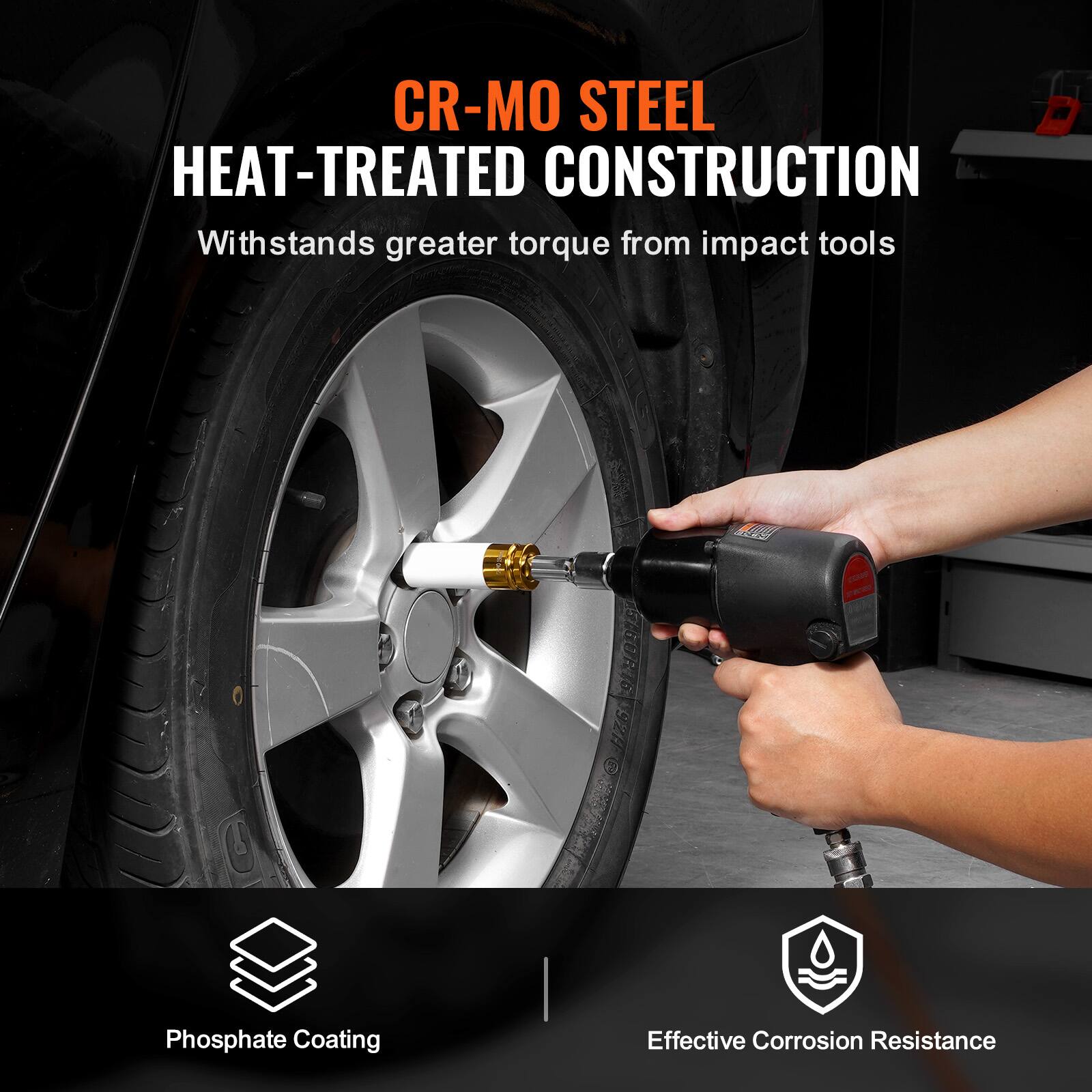 CR-MO STEEL  
HEAT-TREATED CONSTRUCTION  
Withstands greater torque from impact tools  

Phosphate Coating  
Effective Corrosion Resistance