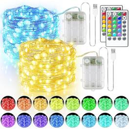 PARKER SLATER - 100 LED Fairy Lights, 33FT Battery Operated String Lights 2 Pack, 16 Color Changing with Remote, Timer, Waterproof Decor - RGB