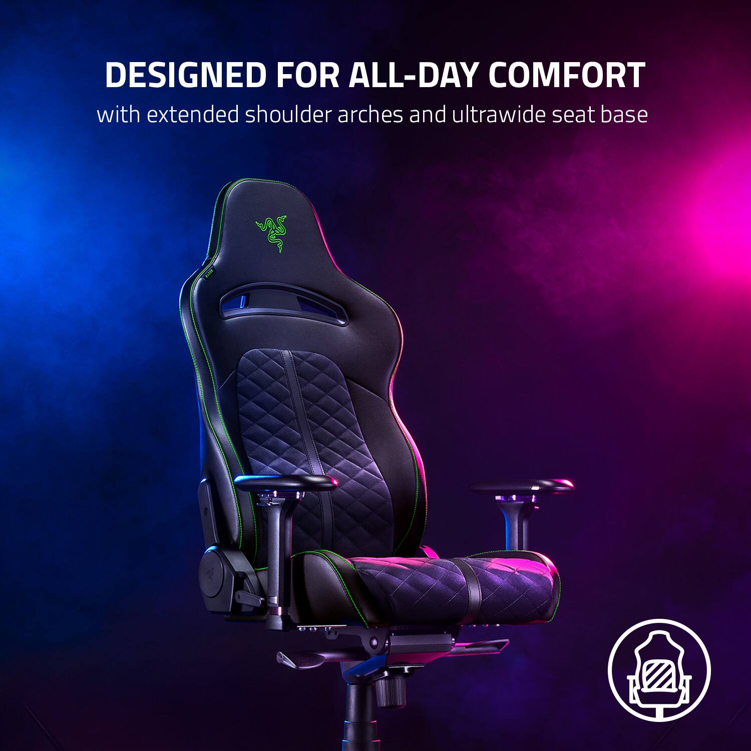 Designed for all-day comfort with extended shoulder arches and ultra-wide seat base.