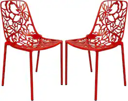 LeisureMod - Devon (Set of 2) Aluminum Outdoor Dining Chair, UV Resistant & Stackable Floral Design Accent Chair - Fully Assembled - Red