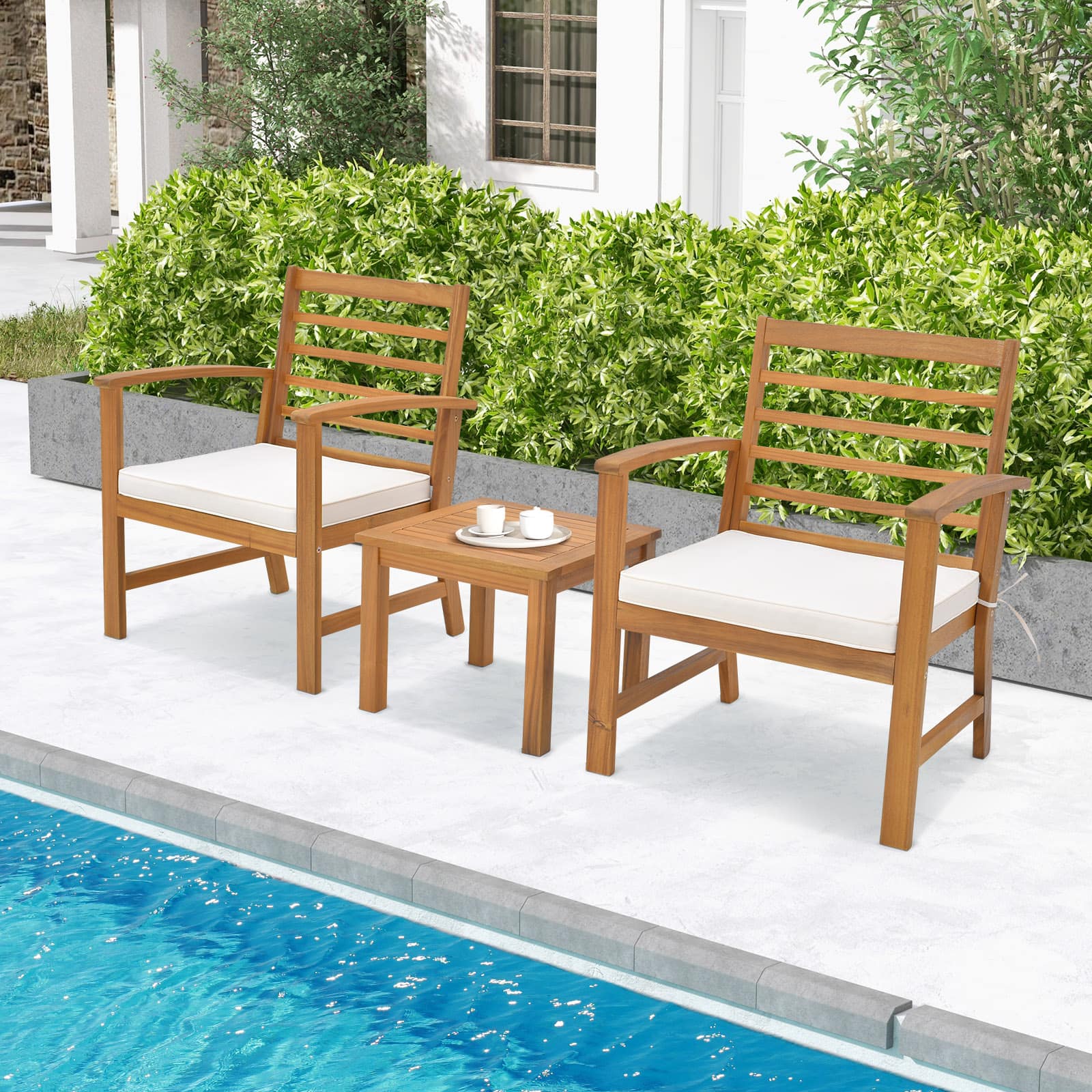 Gymax - 3PCS Furniture Set Acacia Wood Conversation Set w/ Soft Seat Cushions Outdoor White - Natural, White
