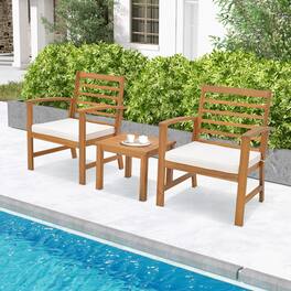 Gymax - 3PCS Furniture Set Acacia Wood Conversation Set w/ Soft Seat Cushions Outdoor White - Natural, White