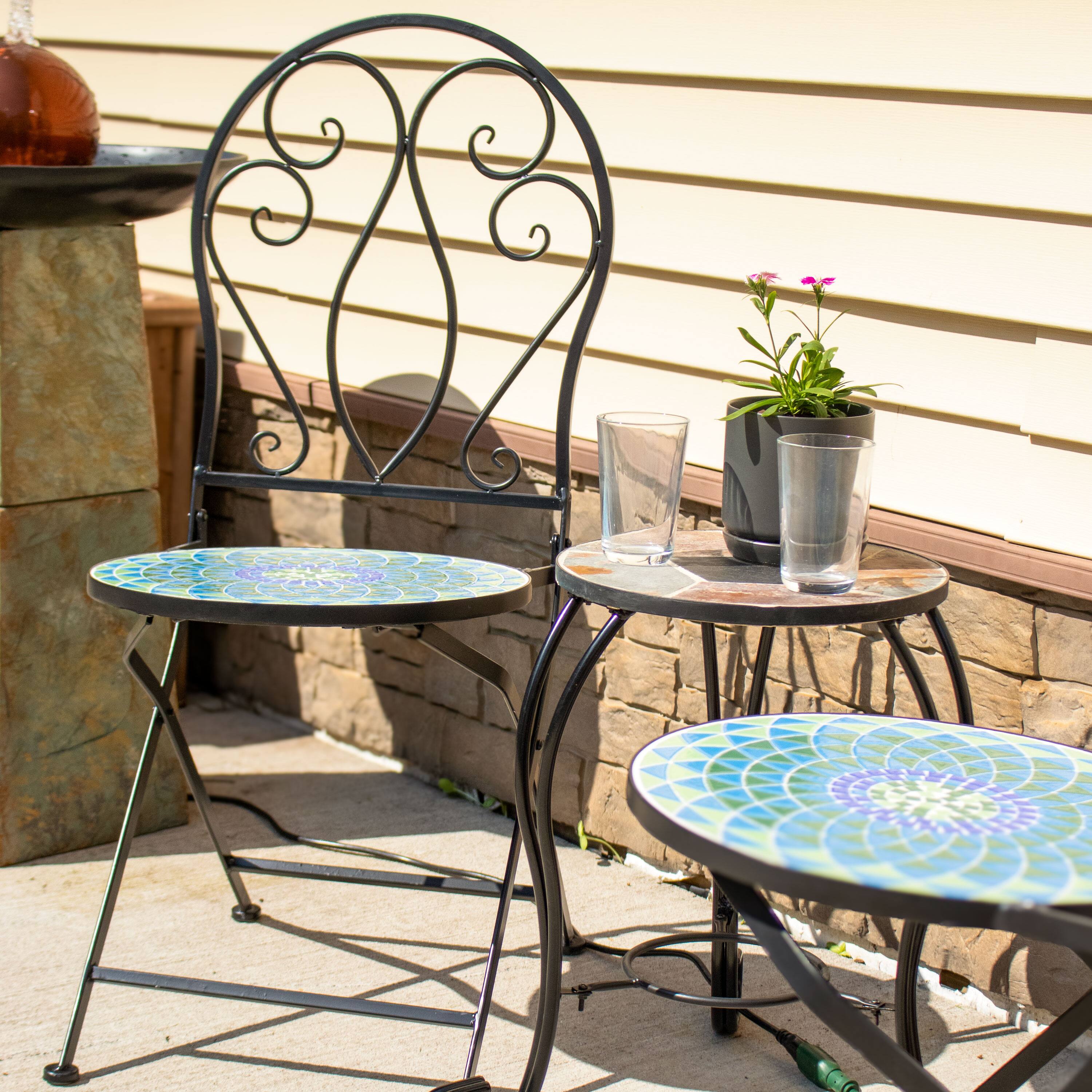 Alt View 1. Sunnydaze - Mosaic Tile Bistro Chair with Iron Frame - 2-Pack - Blue Mosaic.
