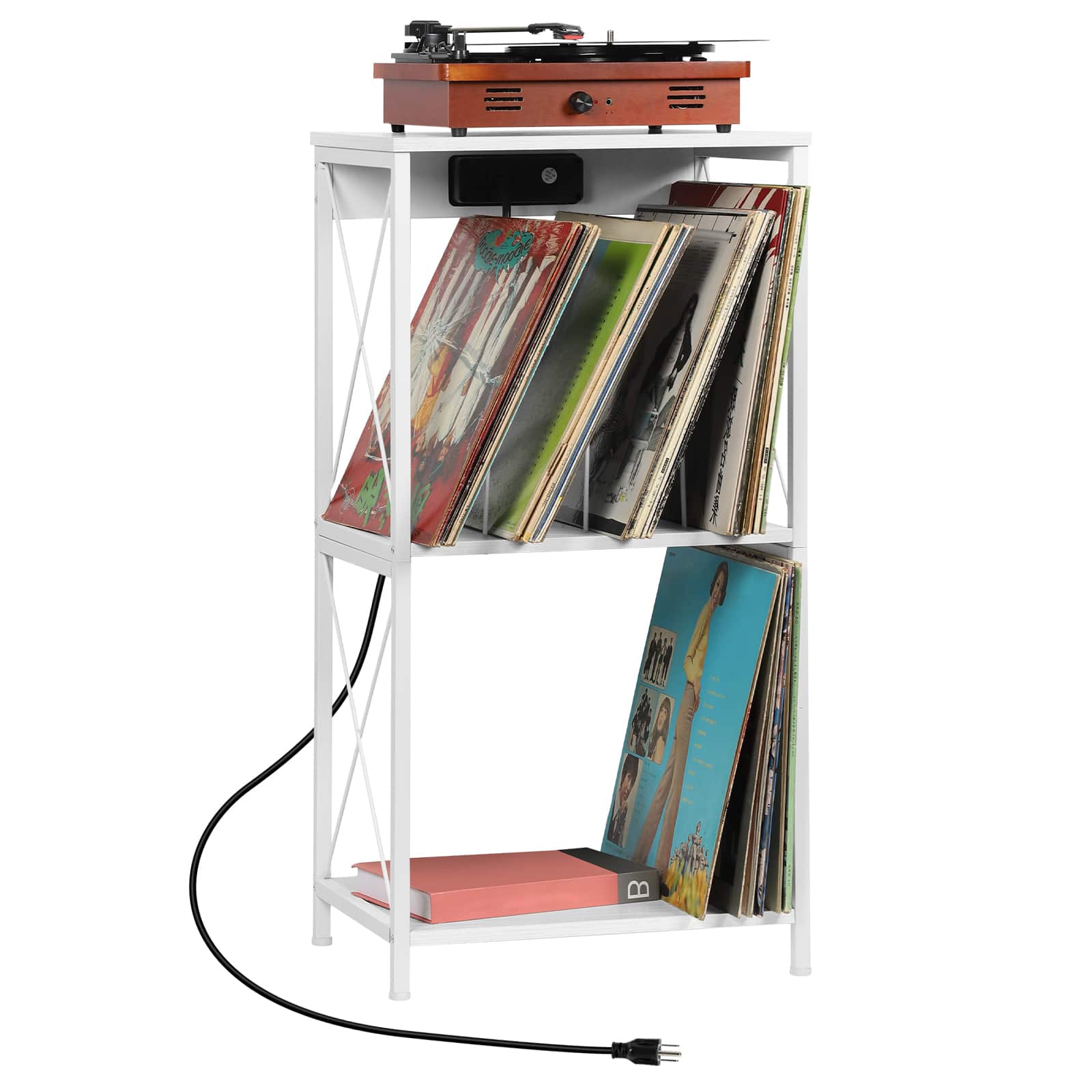 Oumilen - Vinyl Record Player Stand with Charging Station & Storage Shelves - White