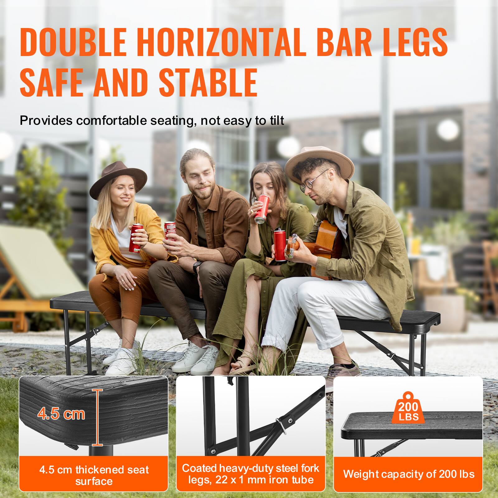 **DOUBLE HORIZONTAL BAR LEGS**  
**SAFE AND STABLE**  

Provides comfortable seating, not easy to tilt  

- 4.5 cm thickened seat surface  
- Coated heavy-duty steel fork legs, 22 x 1 mm iron tube  
- Weight capacity of 200 lbs  

200 LBS