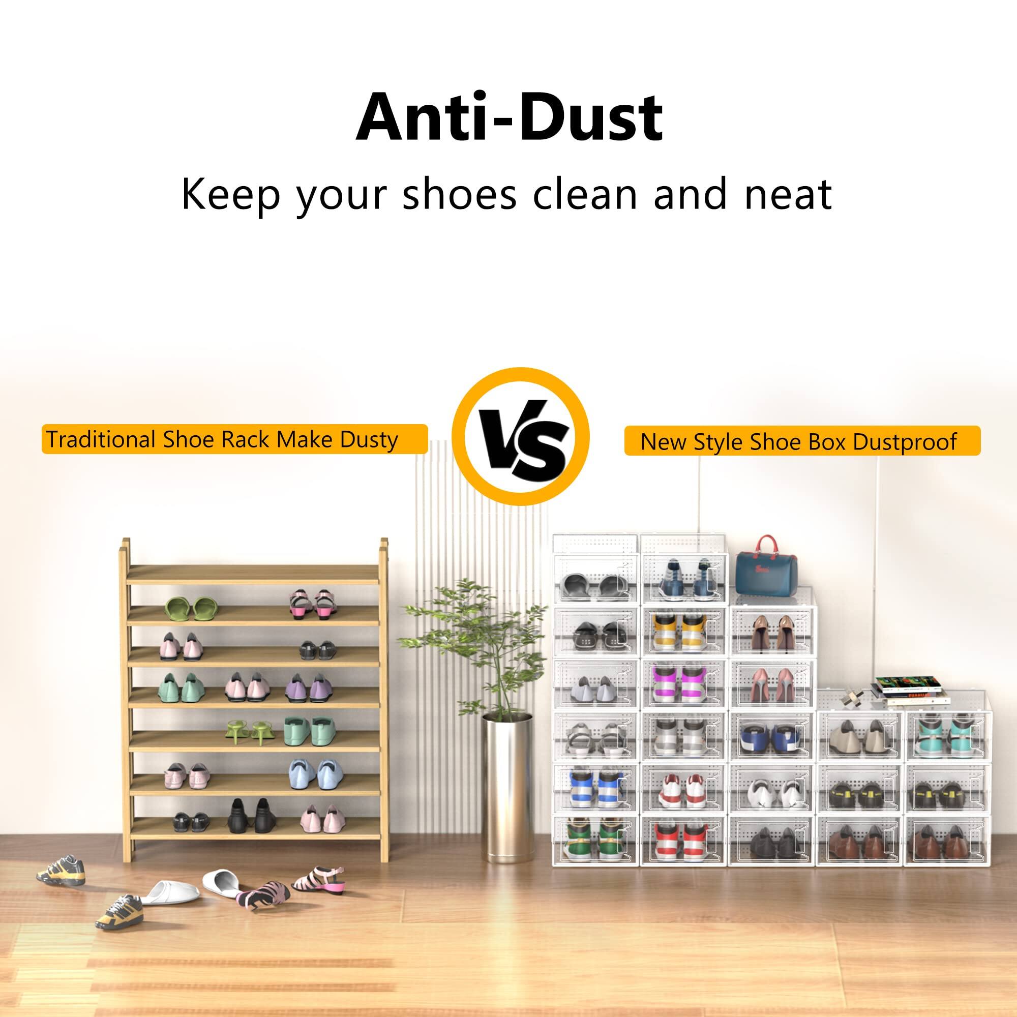 Anti-Dust  
Keep your shoes clean and neat  

Traditional Shoe Rack Make Dusty  
VS  
New Style Shoe Box Dustproof