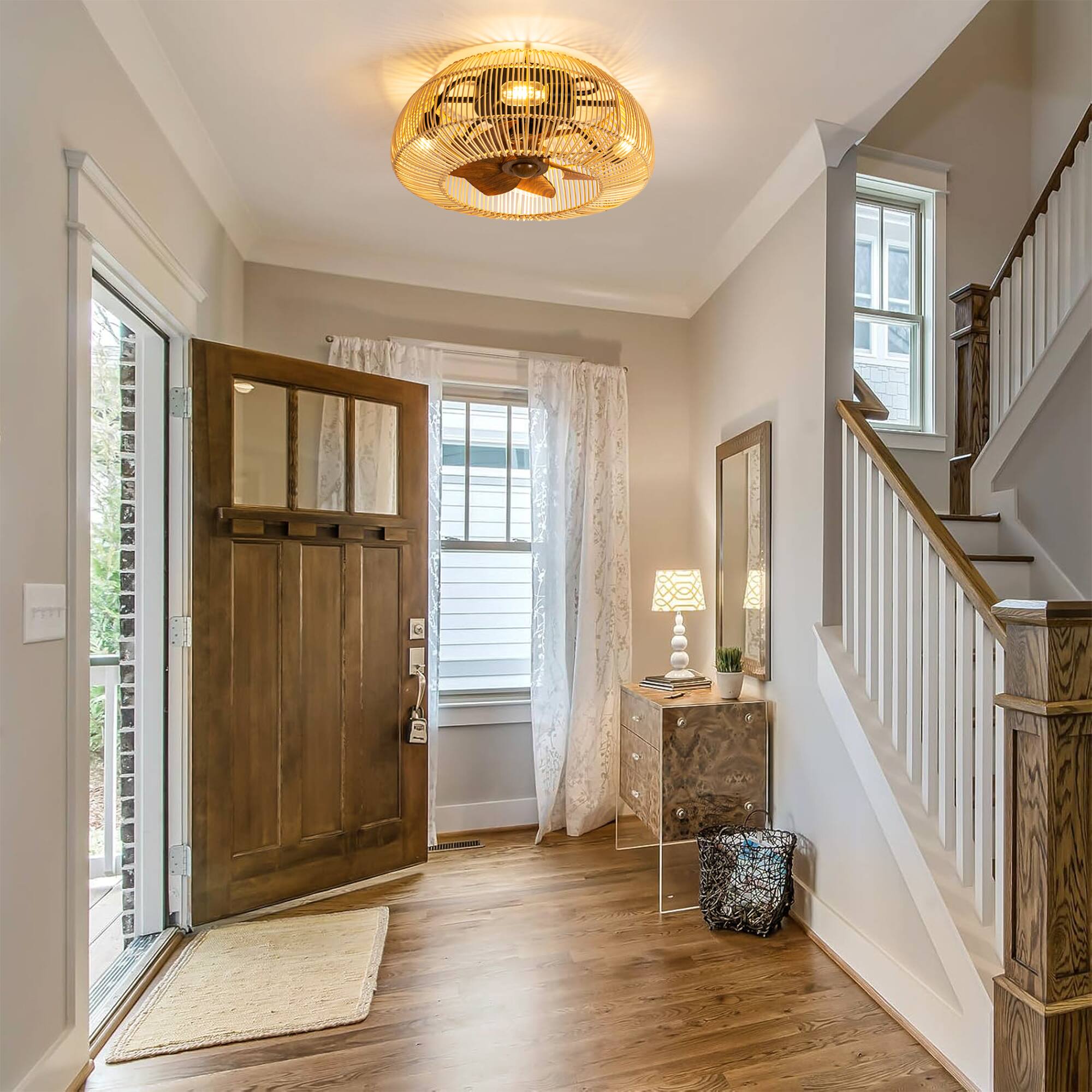 Alt View 1. Breezary - 20'' Flush Mount Caged Ceiling Fan with 7 ABS Blades, 6-Speed DC Motor,  Remote Control with Memory Function - Brushed Nickel.