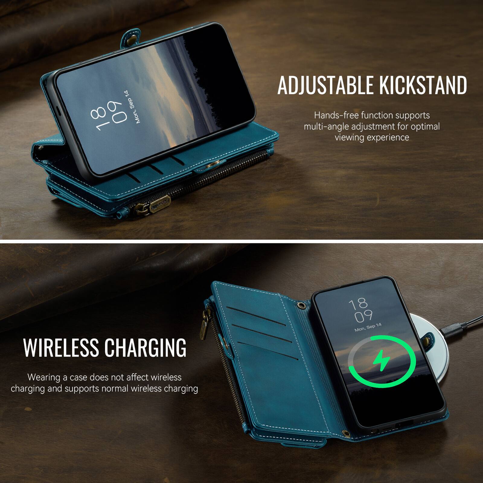 14 Sep 18 60 Mon, 1 ADJUSTABLE KICKSTAND Hands-free function supports multi-angle adjustment for optimal viewing experience WIRELESS CHARGING 18 09 Saps 14 Mon, Wearing a case does not affect wireless charging and supports normal wireless charging