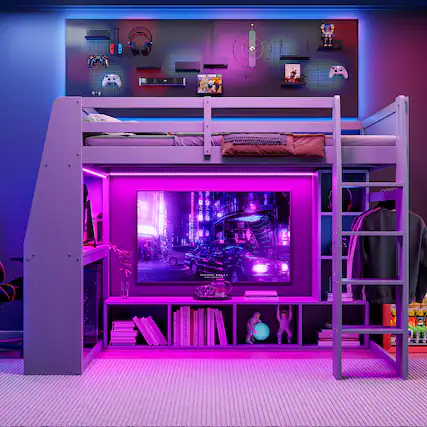 Front. Anysun - Space-Saving and Multi-Function Wood Full Size Gaming Loft Bed, No Box Spring Required, Assembly Required - Gray.