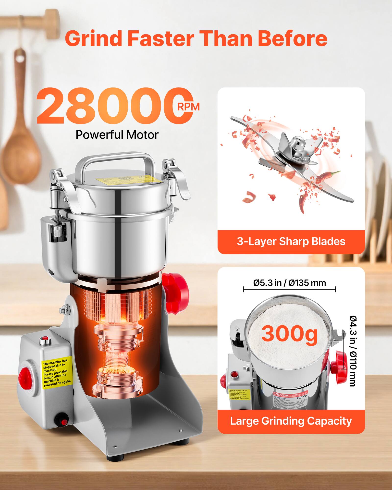 Grind Faster Than Before

28000 RPM Powerful Motor

3-Layer Sharp Blades

05.3 in / 0135 mm

The machine has stopped due to overload. Please press this button after the machine is powered on again.

300g

4.3 in / 110 mm

Large Grinding Capacity