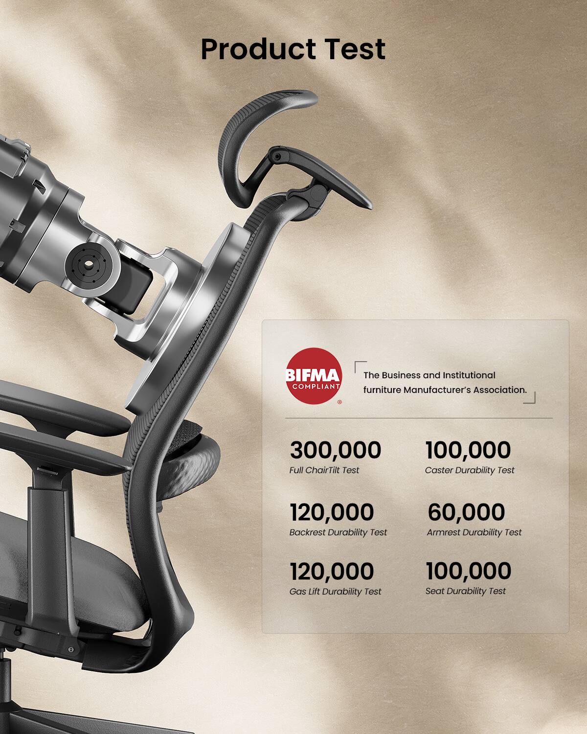 Product Test

BIFMA The Business and Institutional Furniture Manufacturer's Association.

- 300,000 Full Chair Tilt Test
- 100,000 Caster Durability Test
- 120,000 Backrest Durability Test
- 60,000 Armrest Durability Test
- 120,000 Gas Lift Durability Test
- 100,000 Seat Durability Test
