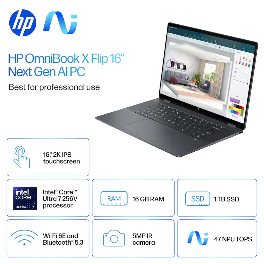 HP OmniBook X Flip 2 in 1 Copilot+ PC 16" 2K Touch Screen Laptop Intel ...