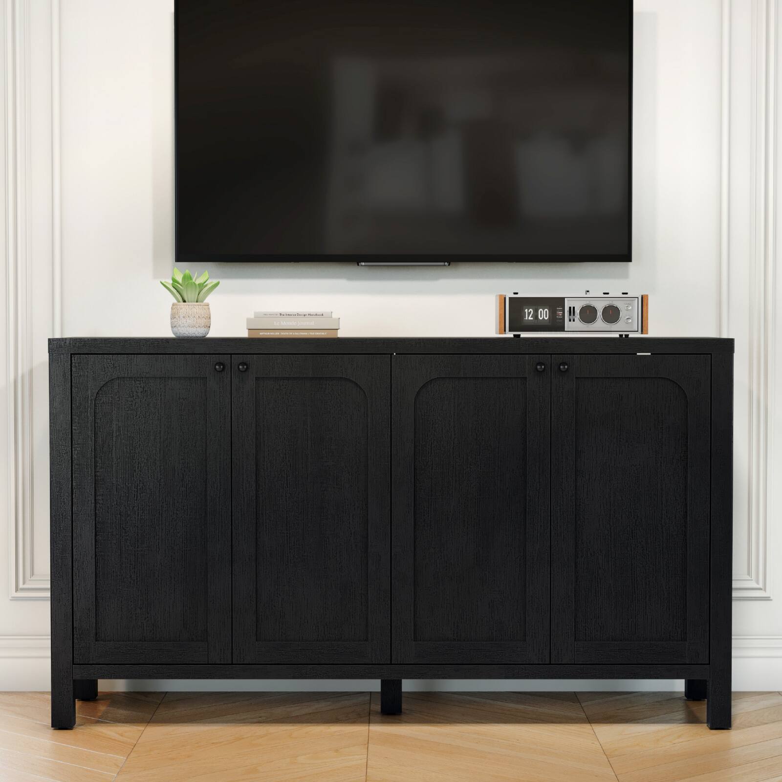 Alt View 2. Sugift - 55" Black Sideboard Buffet Cabinet Modern Storage Credenza with Doors Heavy Duty Wood Media Console - Black.