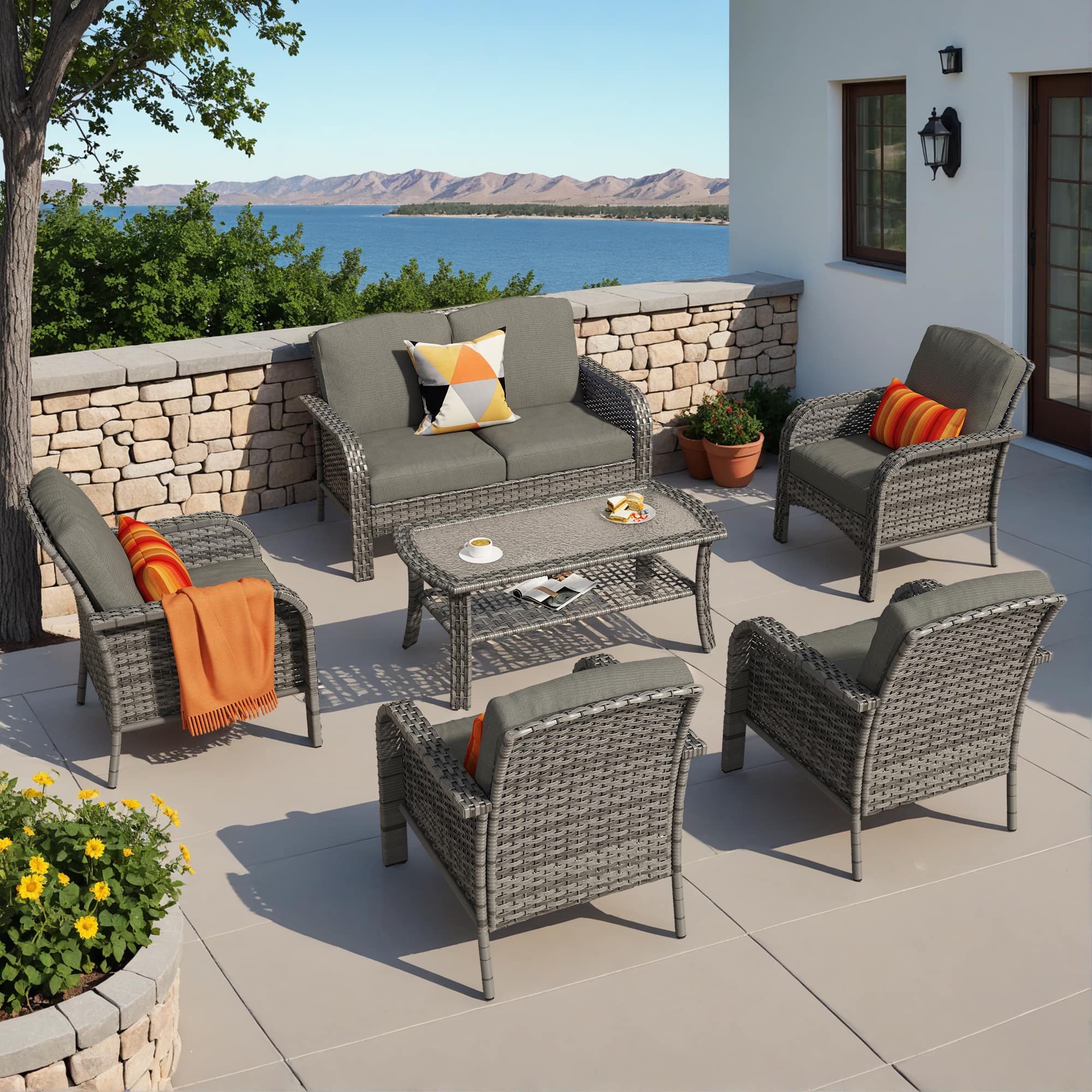 Ovios - 6 PCS Patio Furniture Set High Back Loveseat Wicker Armchairs with Coffee Table for Garden - Black