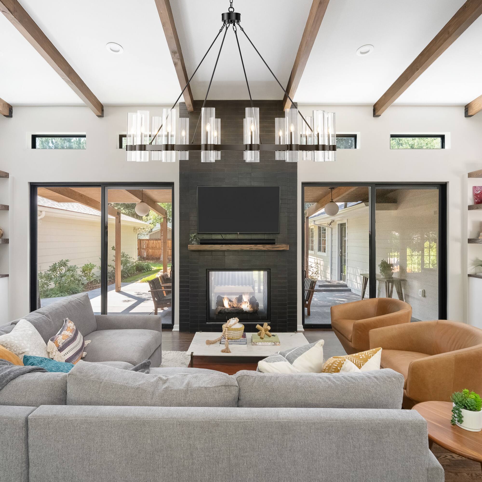 Alt View 2. RYHNUYNE - 48 Inch 16-Light Black Wagon Wheel Chandelier Adjustable Rustic Pendant Lighting with Glass Shades for Dining Room.