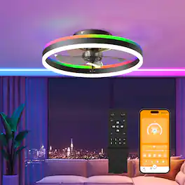 Loheer - Ceiling Fan with Light, 19.7 in RGB Flush Mount Ceiling Fan, Remote and App Control, Black