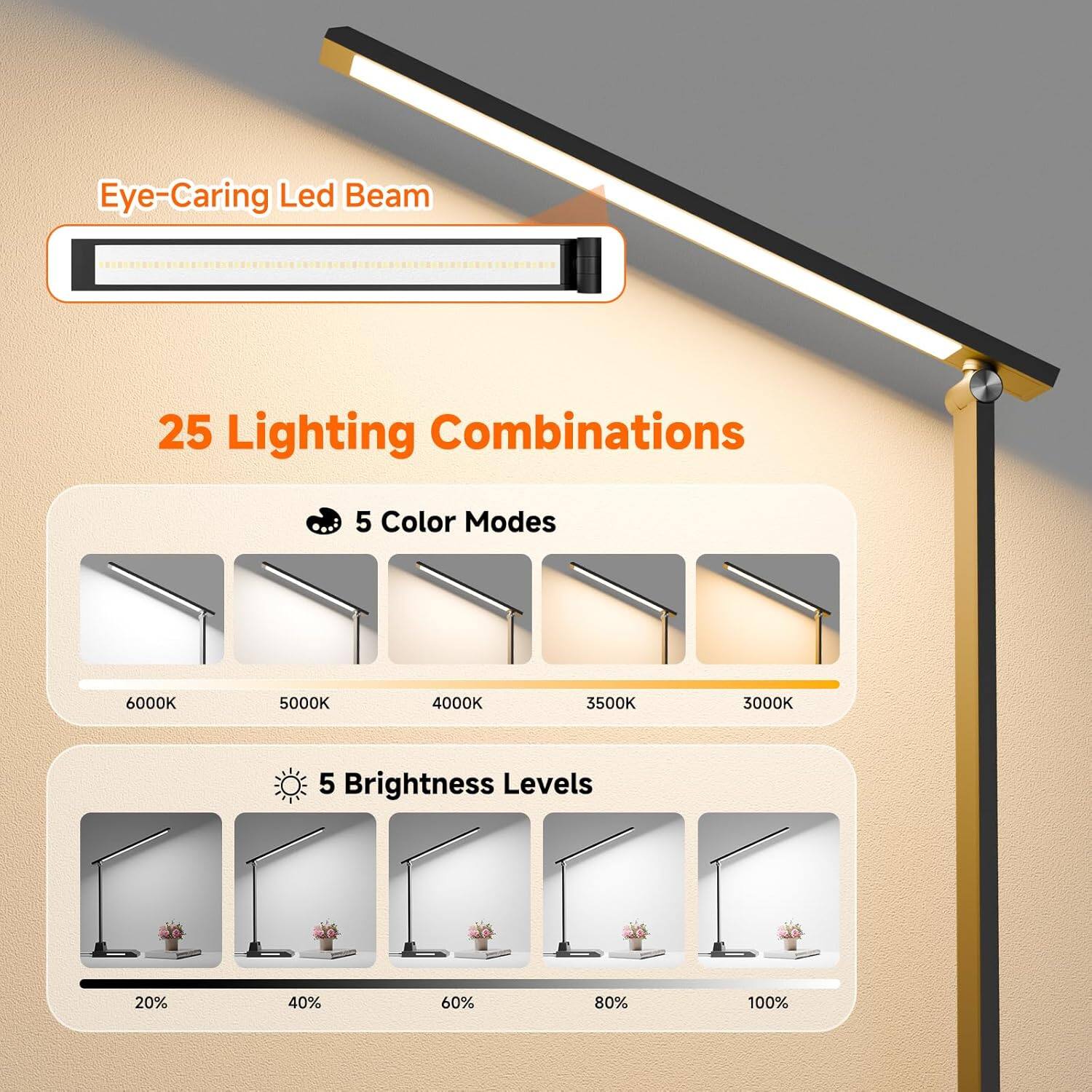 Eye-Caring Led Beam

25 Lighting Combinations

5 Color Modes
6000K 5000K 4000K 3500K 3000K

5 Brightness Levels
20% 40% 60% 80% 100%