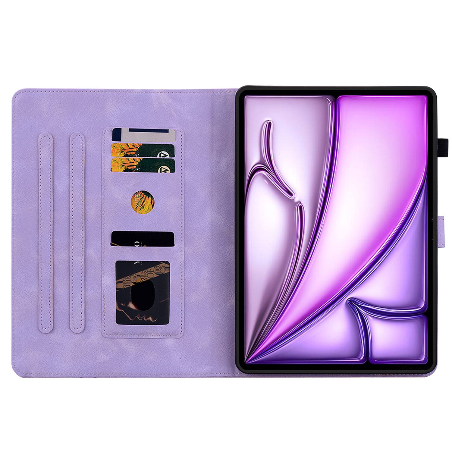 Angle. Dteck - For Apple iPad Air (M4) 11" 2026 M3/M2 & iPad Pro 11 (4th-1st) Gen Embossed Floral PU Leather Flip Card Holder Cover - Purple.