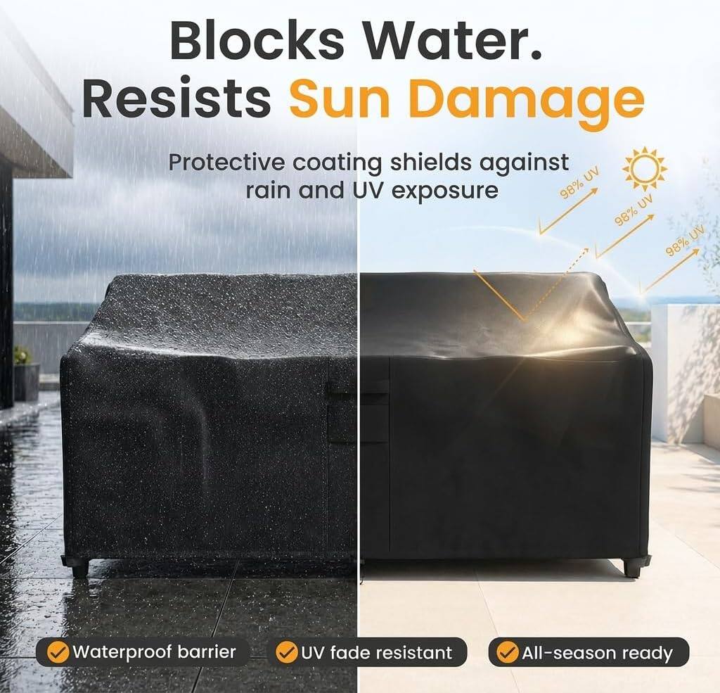 Blocks Water.  
Resists Sun Damage  
Protective coating shields against rain and UV exposure  
98% UV  
98% UV  
98% UV  
Waterproof barrier  
UV fade resistant  
All-season ready