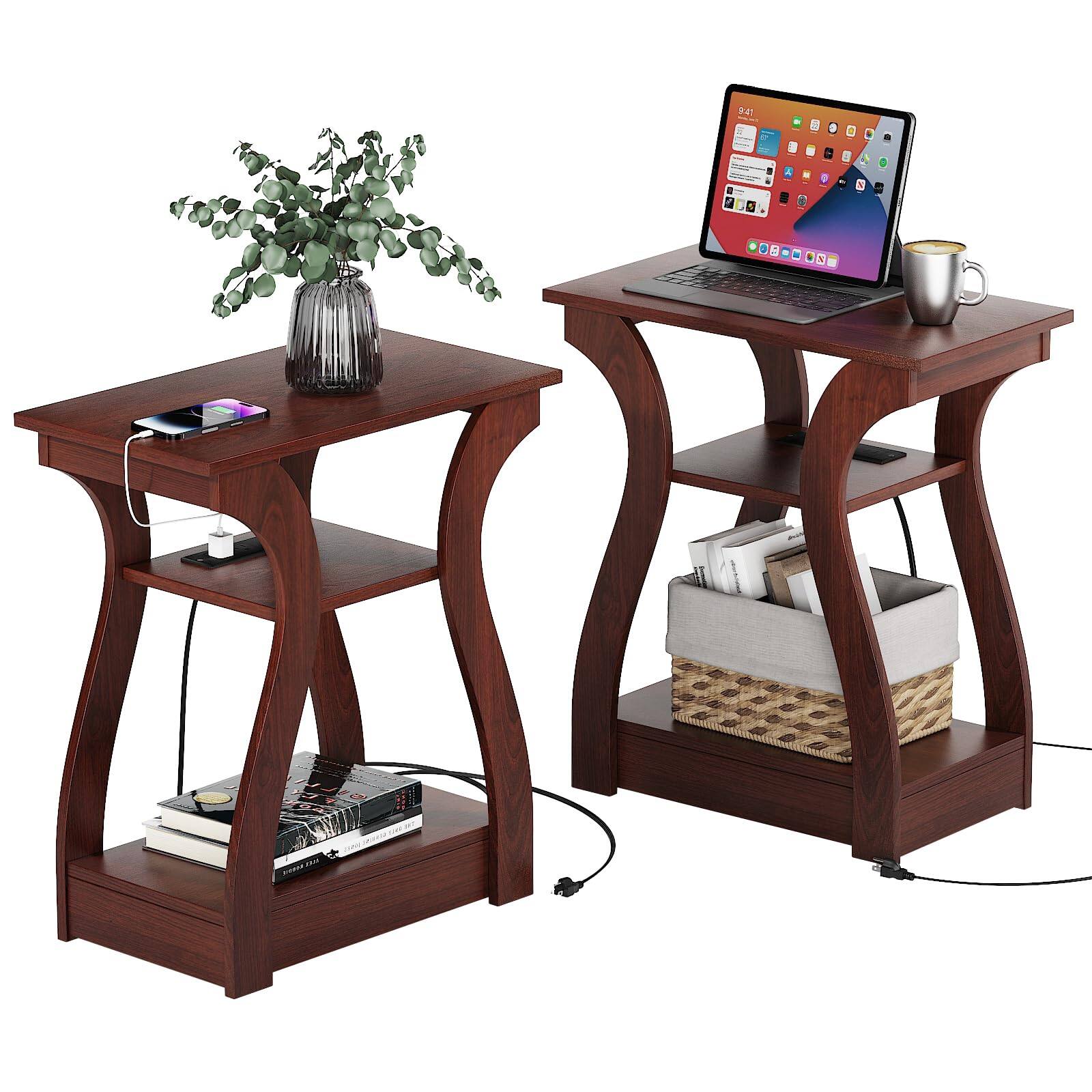 Front. PO3TICJUNKI3 - End Tables Living Room Set Of 2 Cherry Table With Charging Station Side Nightstand For Bedroom 3 Tier Stora... - Cherry.
