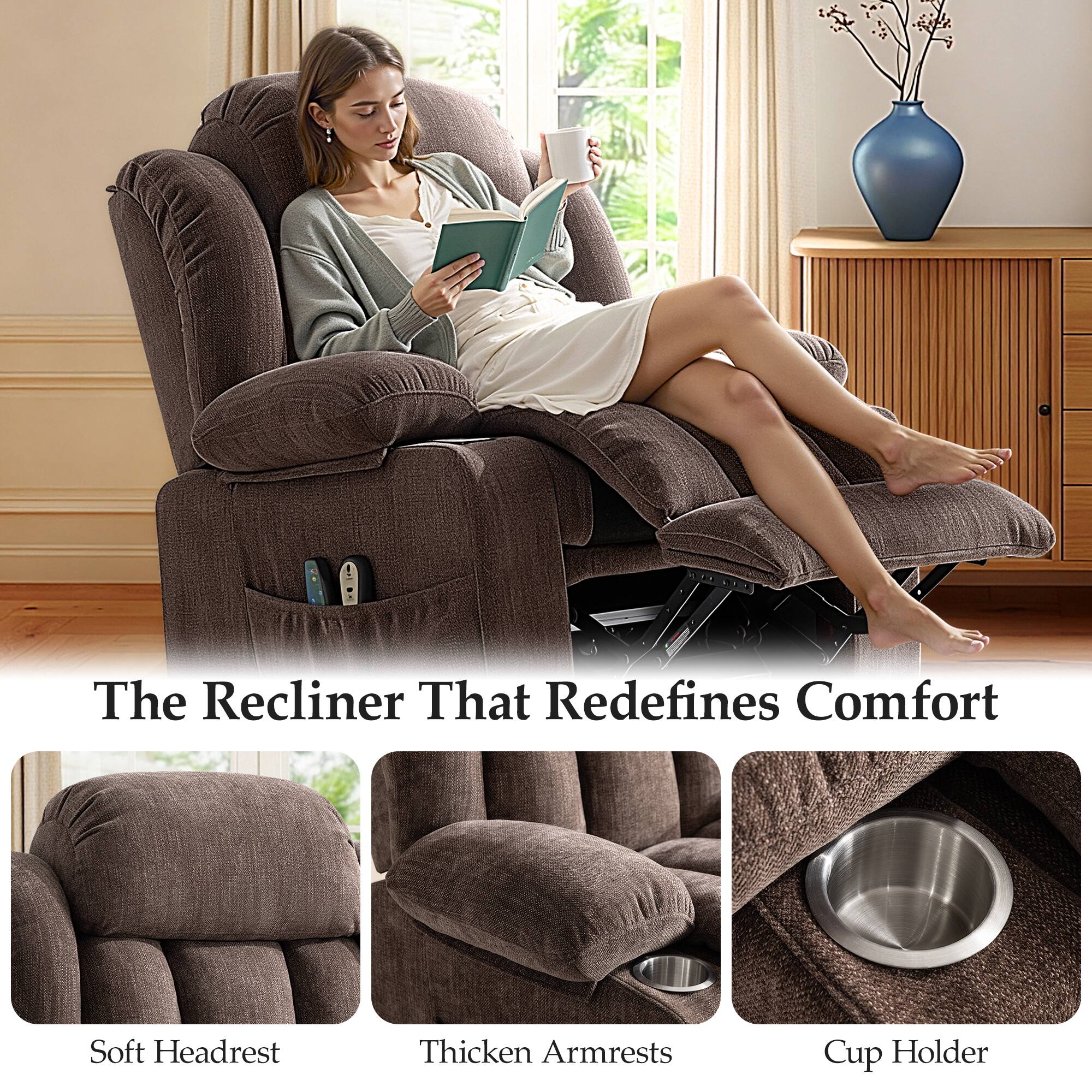 The Recliner That Redefines Comfort

- Soft Headrest
- Thickened Armrests
- Cup Holder