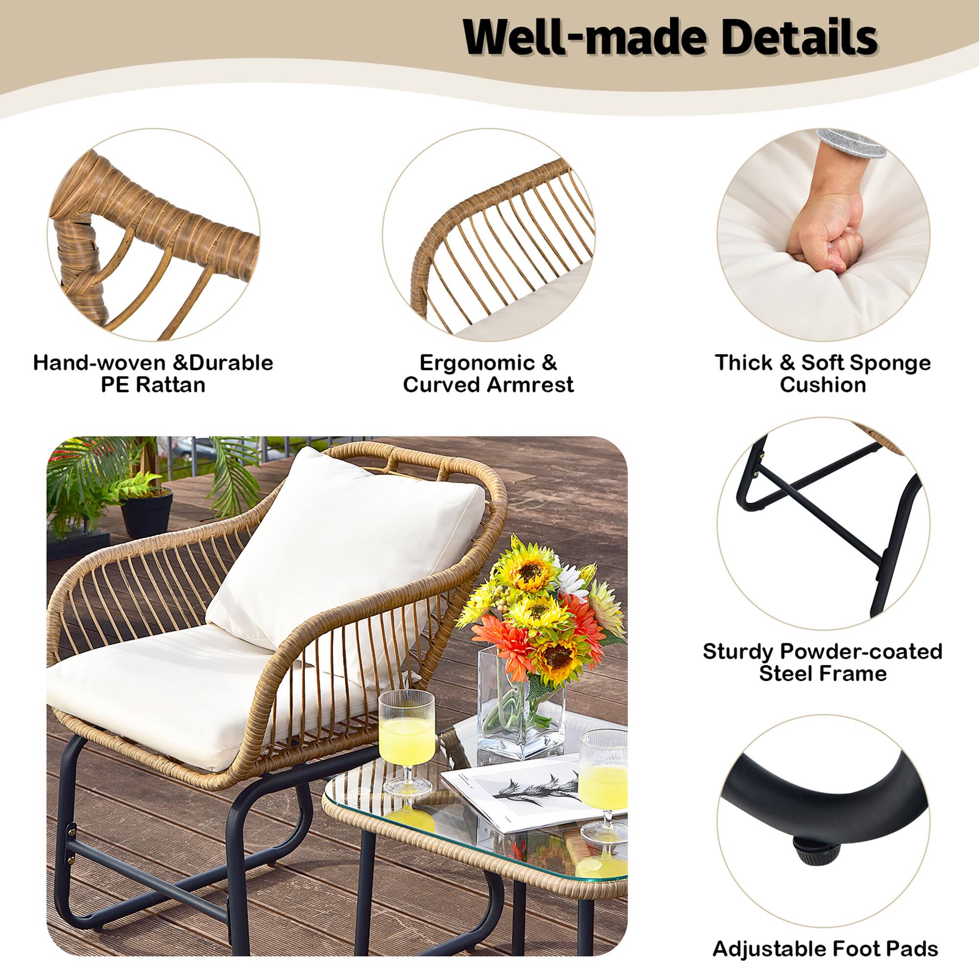 Hand-woven & Durable PE Rattan, Ergonomic & Curved Armrest, Thick & Soft Sponge Cushion, Sturdy Powder-coated Steel Frame, Adjustable Foot Pads