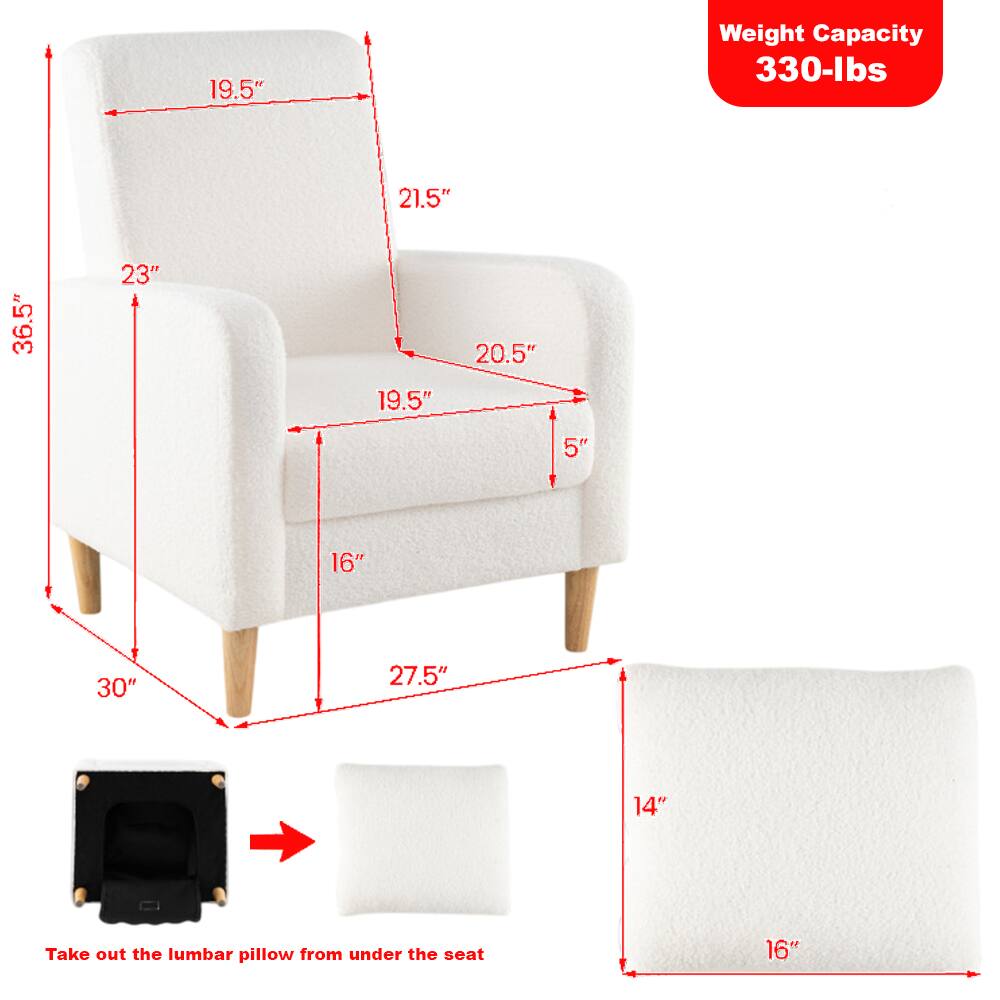 Weight Capacity: 330-lbs

Dimensions:
- Height: 36.5"
- Width: 21.5"
- Depth: 27.5"
- Seat Height: 16"
- Seat Depth: 19.5"
- Back Height: 23"
- Arm Height: 20.5"
- Arm Width: 5"
- Lumbar Pillow: 14" x 16"

Instructions:
- Take out the lumbar pillow from under the seat