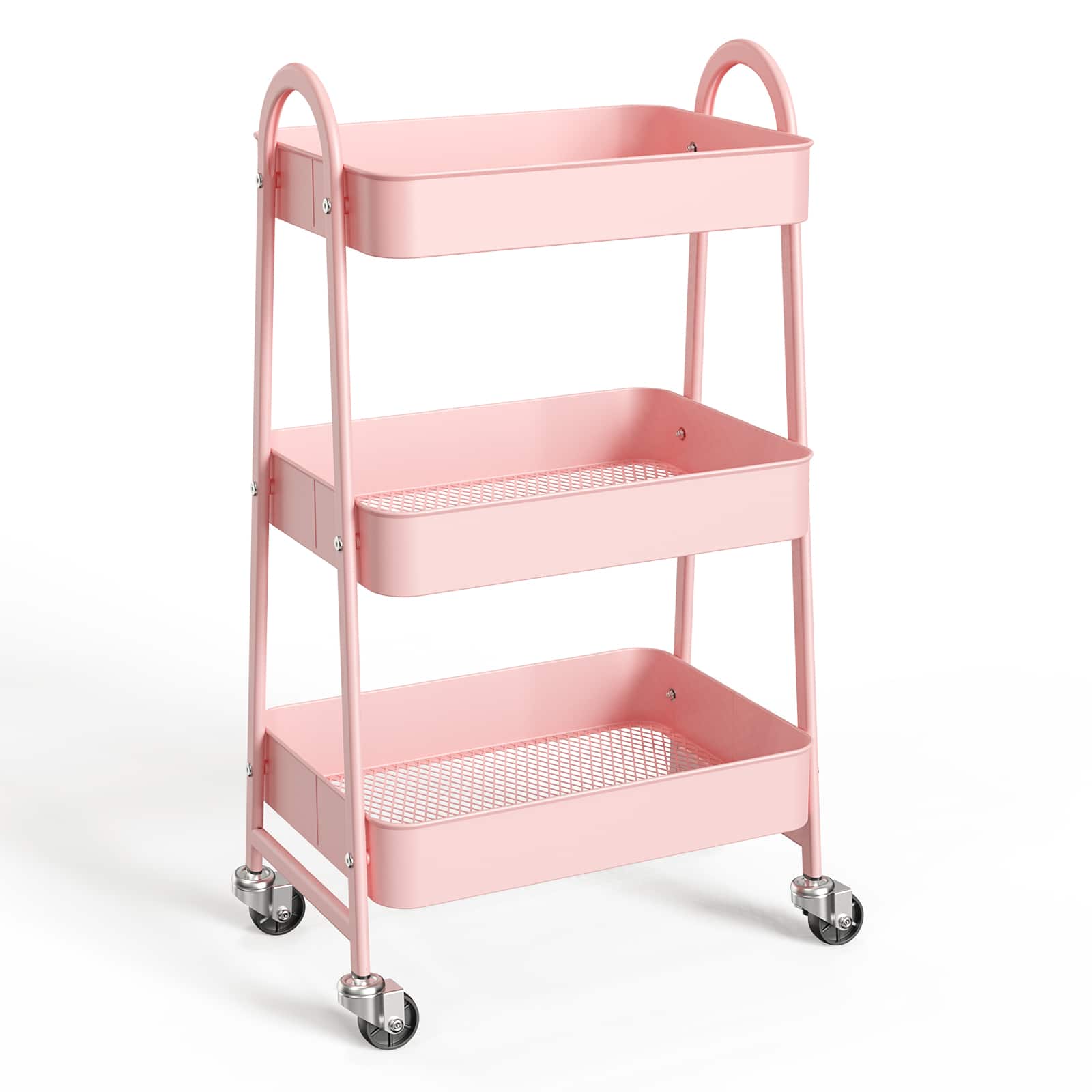 Anysun - 3-Tier Metal Rolling Utility Cart - Storage Organizer Trolley for Kitchen, Bathroom, Laundry, Office - Pink