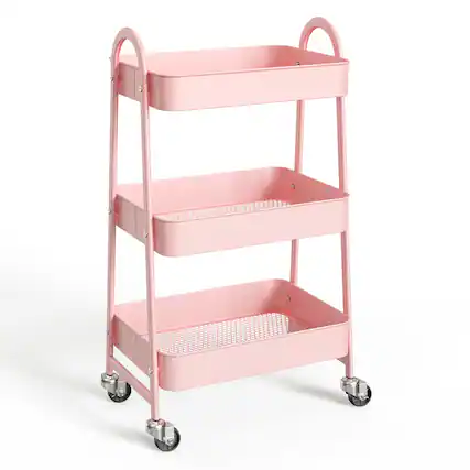 Front. Anysun - 3-Tier Metal Rolling Utility Cart - Storage Organizer Trolley for Kitchen, Bathroom, Laundry, Office. - Pink.