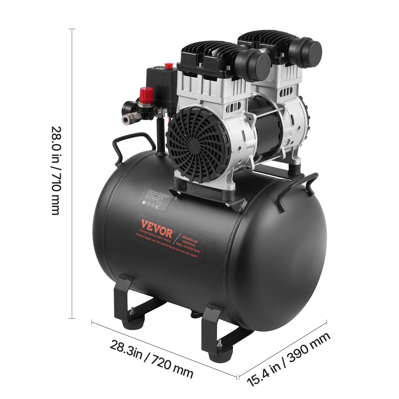 28.0 in / 710 mm  
28.3 in / 720 mm  
390 mm / 15.4 in  

Technical VEVOR HOUOT wrapper. TOOLS INTE HALF Narady PRICE INDROZENTAL  
Certificate COMPRESSOR F8150000 10C40