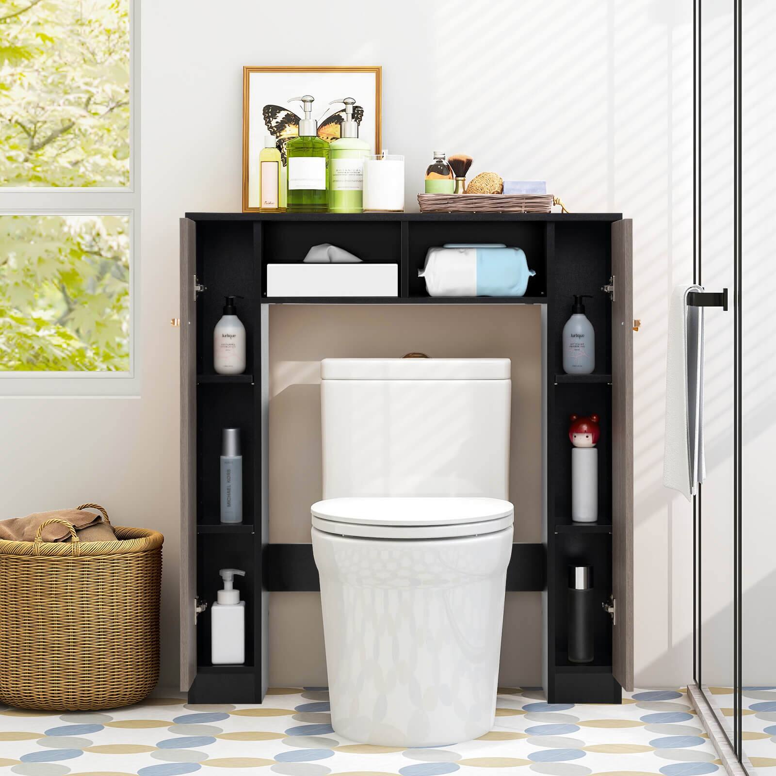 Alt View 4. Costway - Costway Over The Toilet Storage Cabinet, Double Door Bathroom Toilet Storage Organizer - Black.