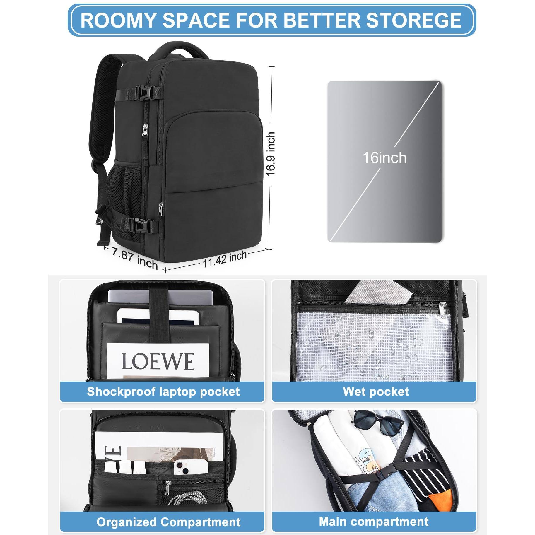 Alt View 3. Stamp n Camp - Travel Backpack For Men Women  Lightweight Personal Item Trave Bag Airlines Carry On With Usb Charging Port Durable - Black-X-Large.