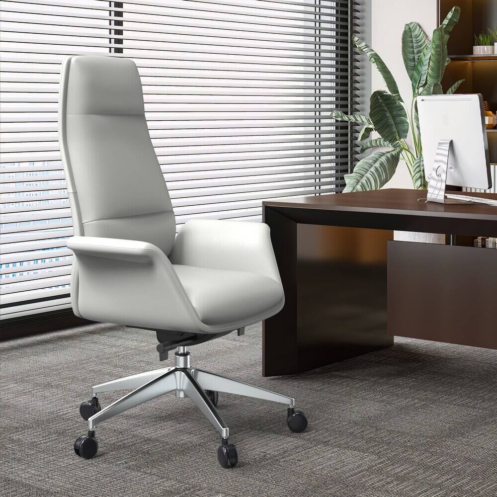 Angle. LeisureMod - Summit High-Back Swivel Leather in Metal Frame Office Desk Chair with Adjustable Height, Tilt & Plush Cushion - White.