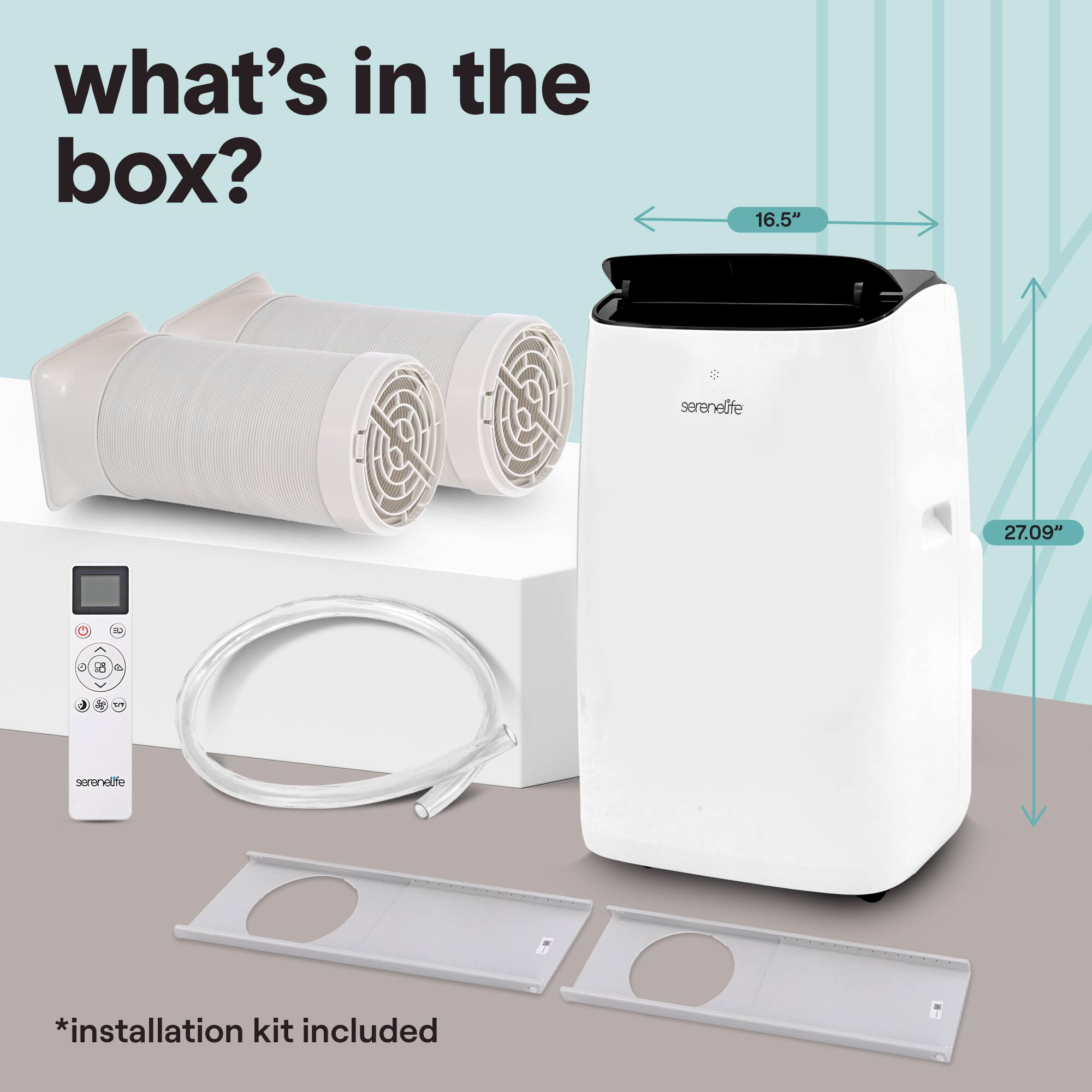 what's in the box? 16.5" serenelife 27.09" 3 a . porenelfe *installation kit included