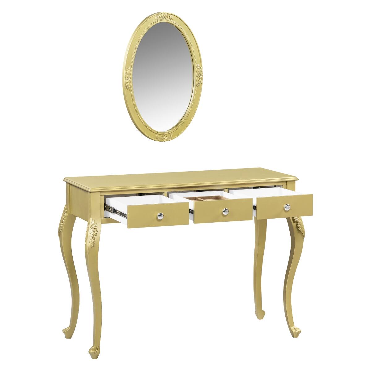 Alt View 4. Loheer - Loheer Gold Makeup Vanity Desk with Oval Mirror and Three Drawers - Gold.
