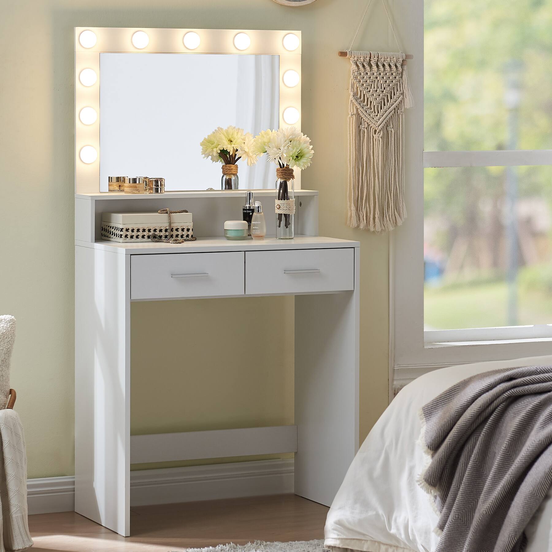 Alt View 1. Ecooso - Vanity Desk with Mirror and Lights, Makeup Vanity Table with Large Drawer, Multi-level Storage & Adjustable Brightness - White.