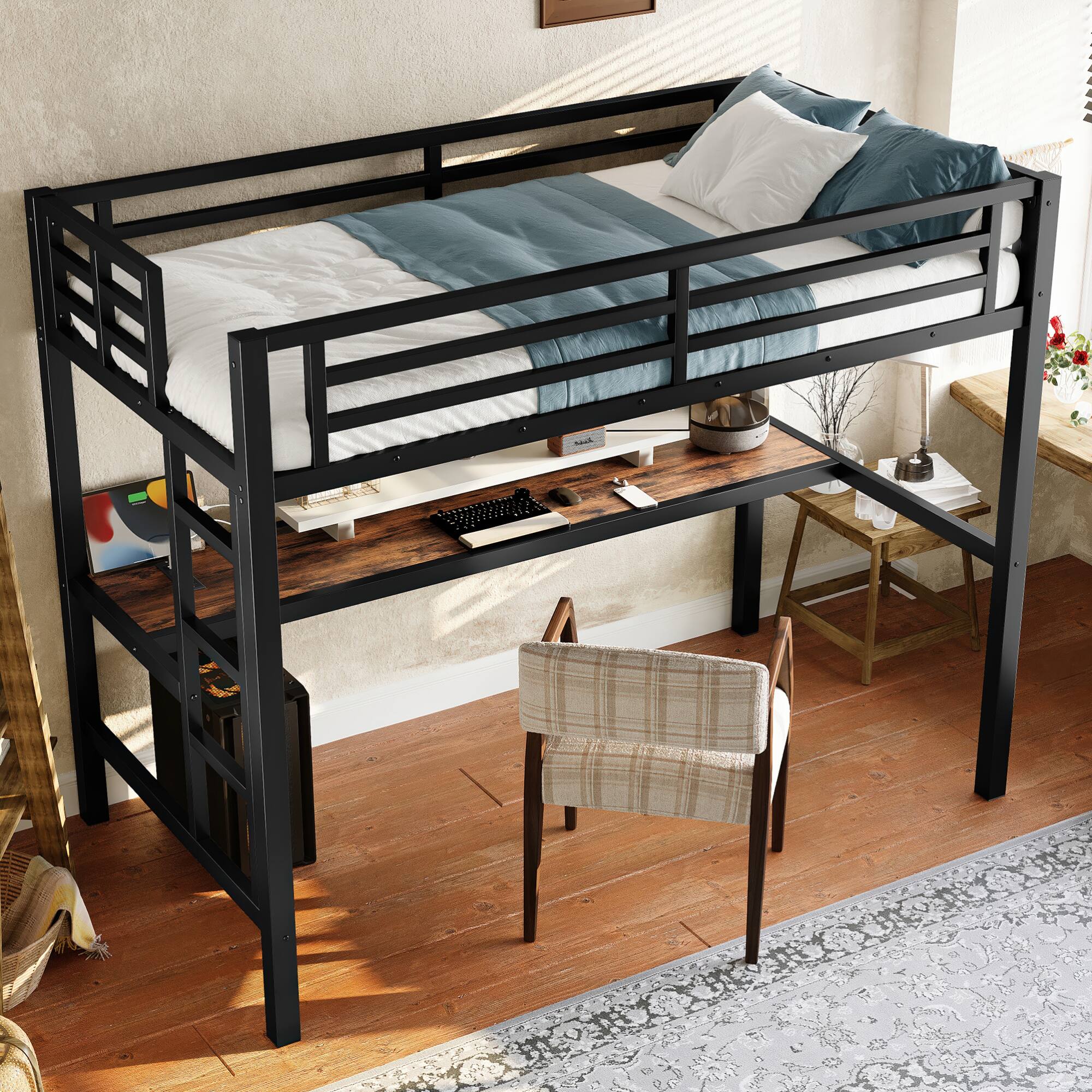 Left. GOODSILO - Space-Saving Twin Loft Bed with Built-In Desk, USB Power Outlet, and Customizable LED Lighting - Black.
