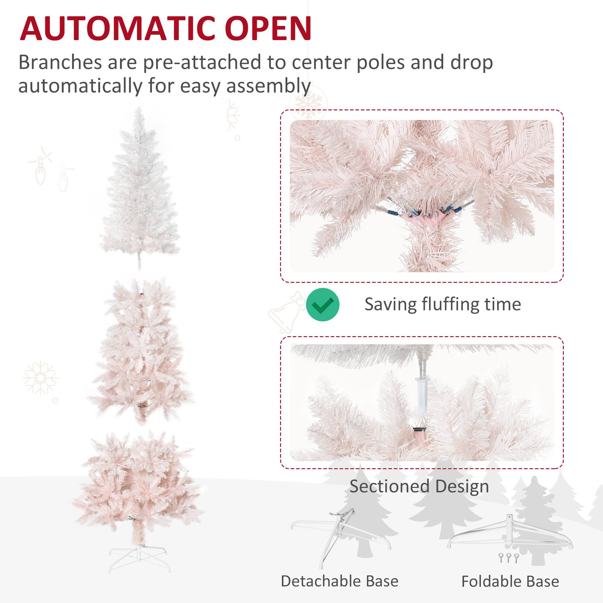 AUTOMATIC OPEN

Branches are pre-attached to center poles and drop automatically for easy assembly.

Saving fluffing time

Sectioned Design

Detachable Base

Foldable Base