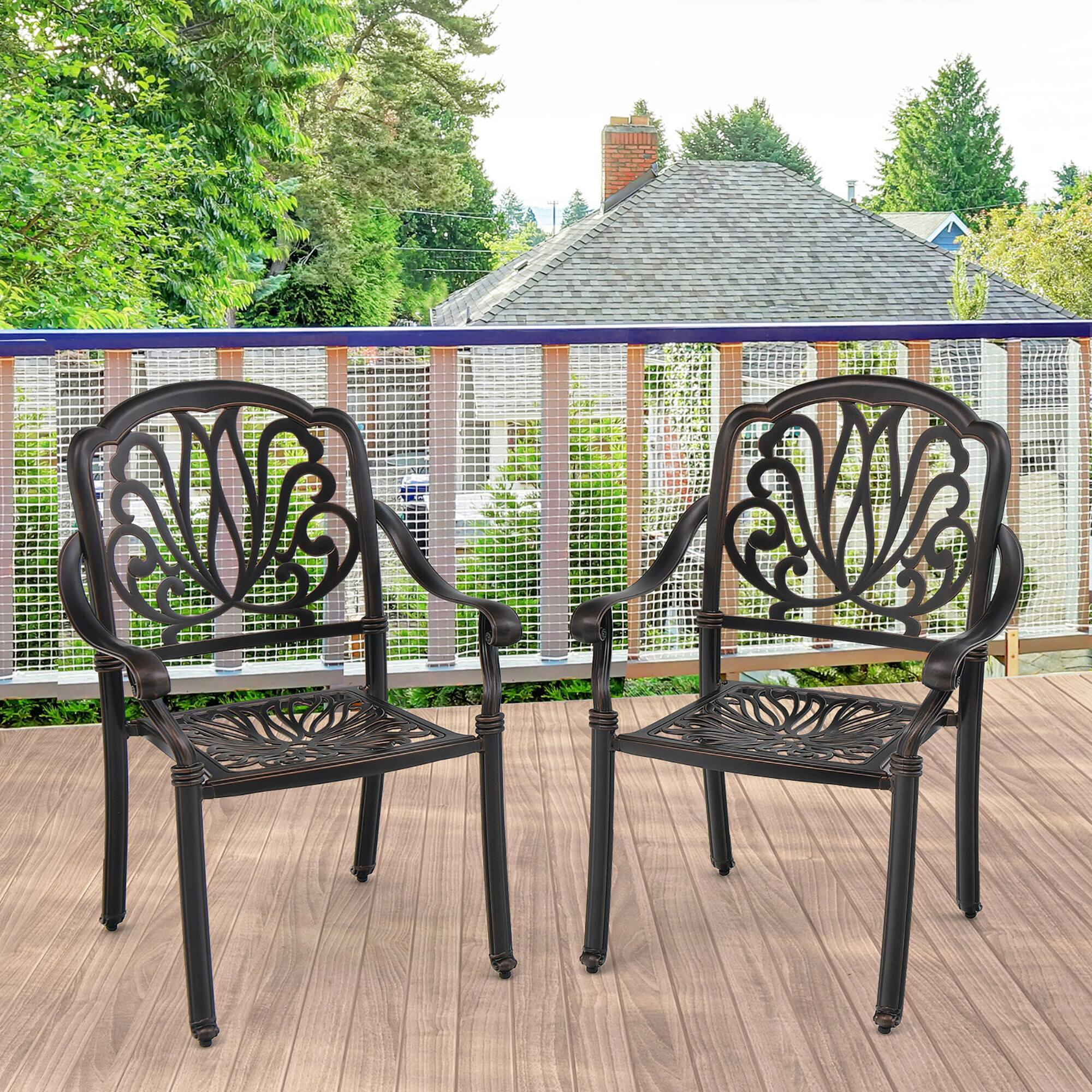 Alt View 9. Gymax - Gymax 2 Pieces Cast Aluminum Chairs Set of 2 Stackable Patio Dining Chairs w/ Armrests - Bronze.