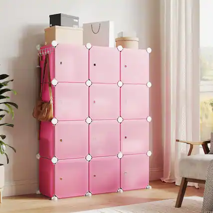 Front. Homhougo - Space-Saving Modular Shoe Storage Cabinet – 12-Cube Stackable Organizer with Doors, Plastic Closet Shelving, Ideal for - Pink.