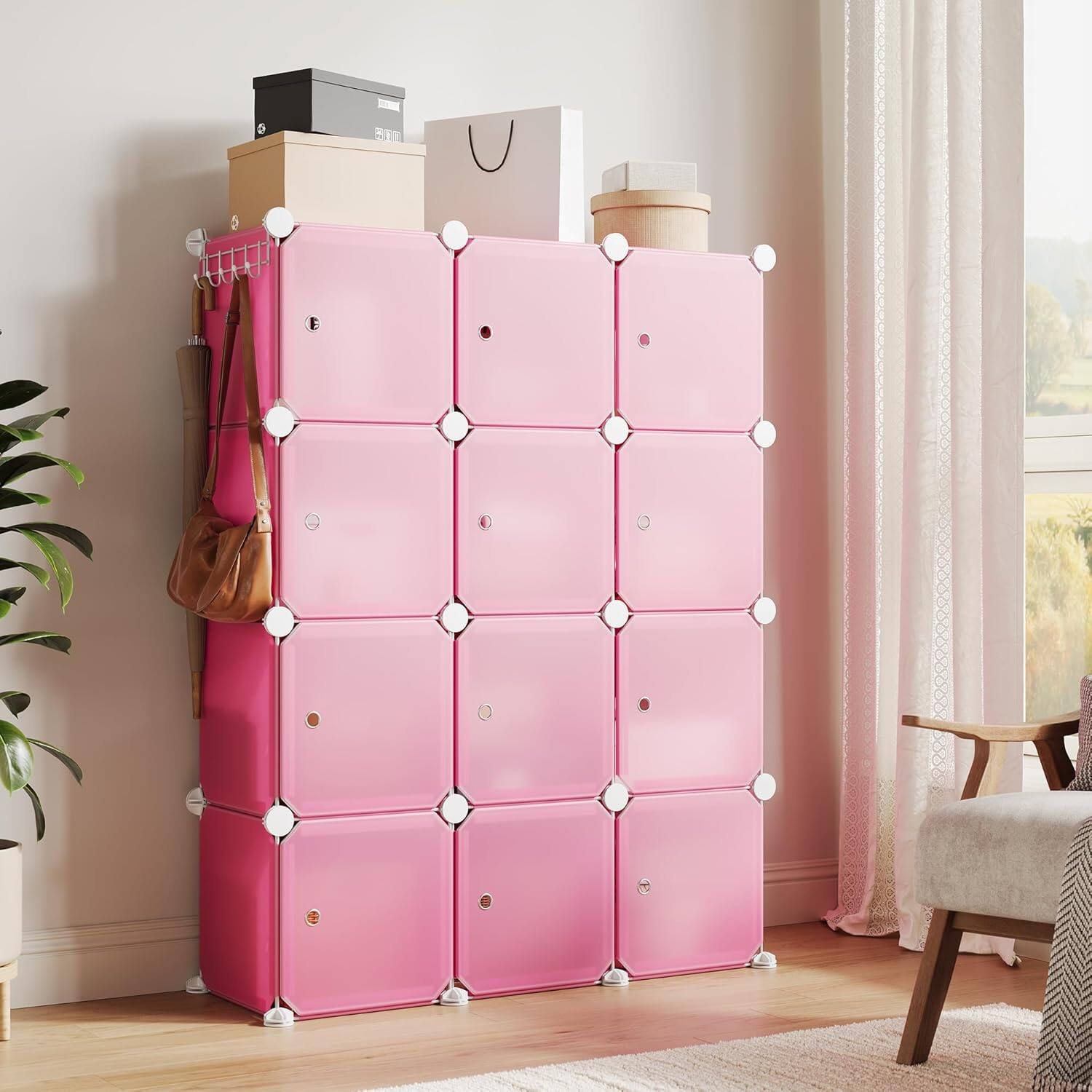 Front. Homhougo - Space-Saving Modular Shoe Storage Cabinet – 12-Cube Stackable Organizer with Doors, Plastic Closet Shelving, Ideal for - Pink.
